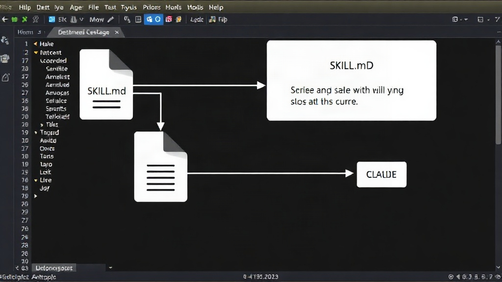A diagram illustrating the structure of a SKILL.md file and its integration with an AI agent.