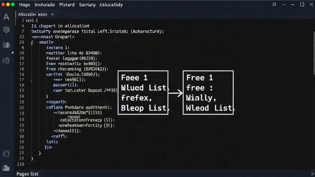 Diagram illustrating a linked list of free memory blocks for allocation