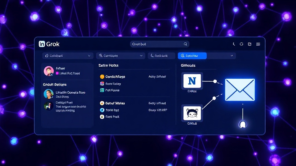 Grok Bot dashboard showing active bots for LinkedIn, GitHub, and email management