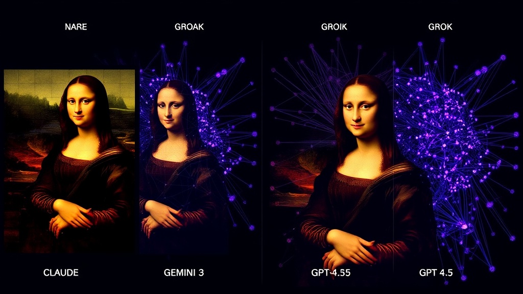 Comparison of Mona Lisa interpretations by Claude, Gemini, Grok, and GPT-4.5