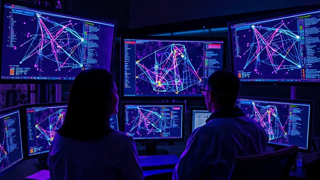 Researchers examining complex neural network architecture diagrams on multiple monitors.