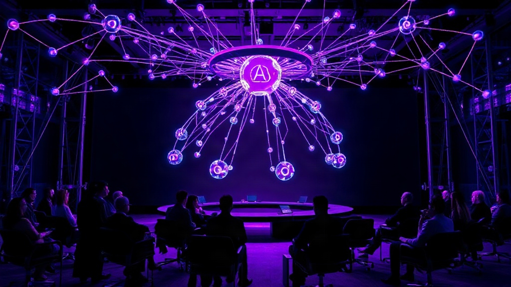 AI researchers and policymakers gathered in a modern conference room discussing AGI ethics.