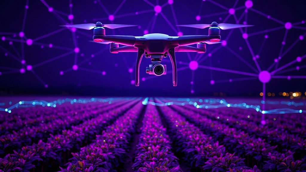 A drone surveying a vast agricultural field, representing the intersection of technology and farming.