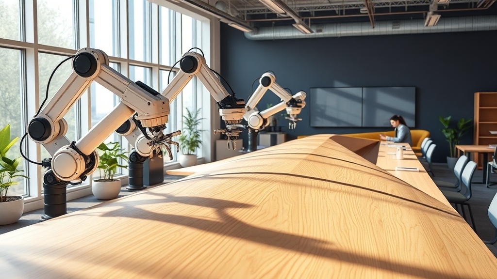 Conceptual rendering of automated robotic arms assembling large wooden wind turbine blades