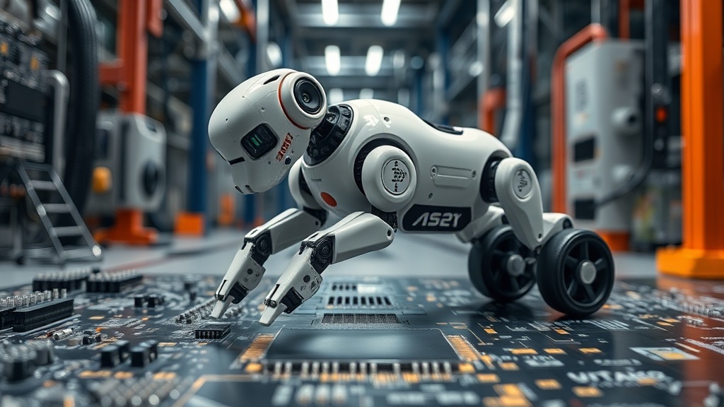 Unitree As2-W robot dog performing a complex maneuver in a simulated industrial environment.