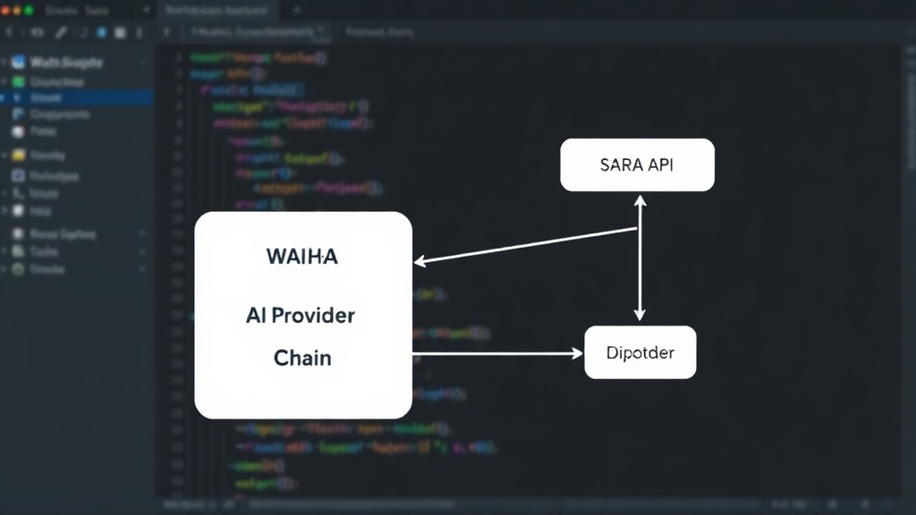 Diagram showing WhatsApp WAHA connecting to Bridge, then SARA API, AI Provider Chain, and Tool Dispatcher.