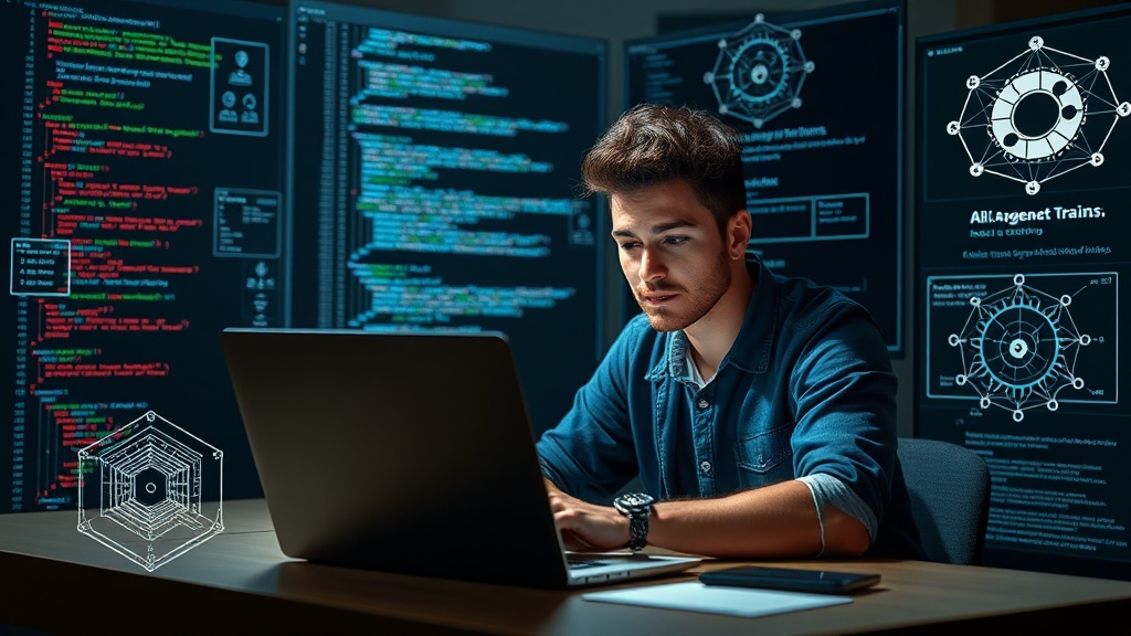 Student developer at a laptop, surrounded by code snippets and AI diagrams.