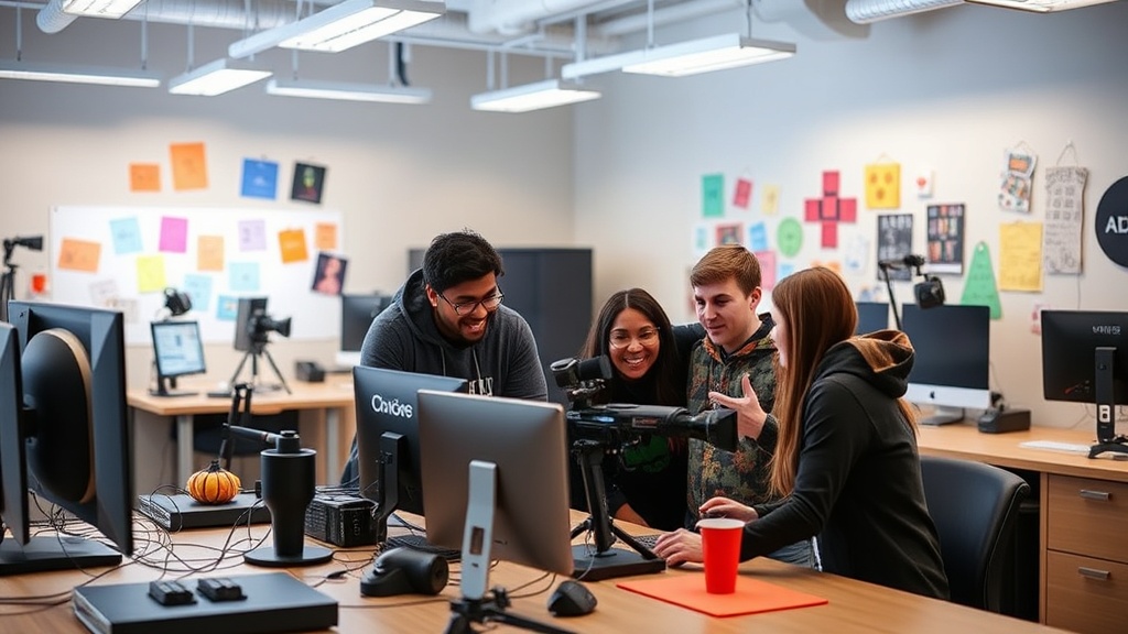 Students collaborating on a video project in a modern ASU media lab