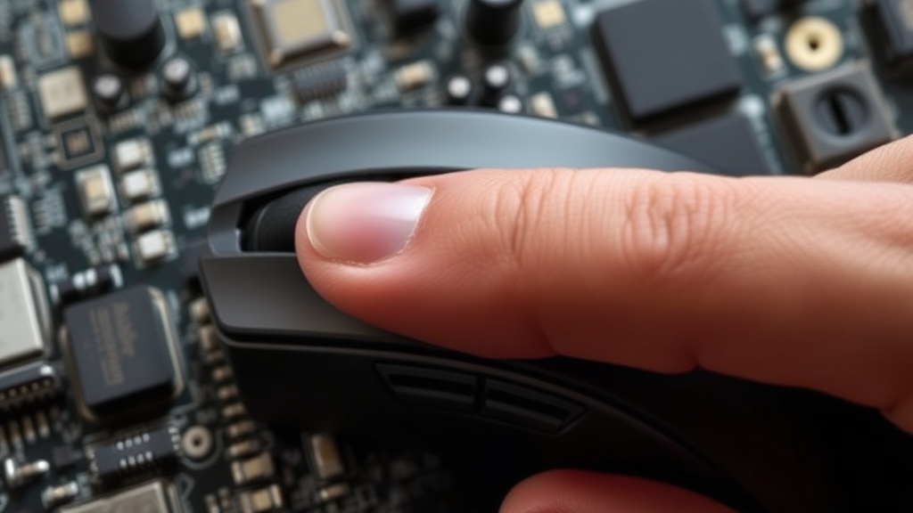 A user's hand demonstrating the thumb cluster of an MMO mouse with custom productivity shortcuts assigned
