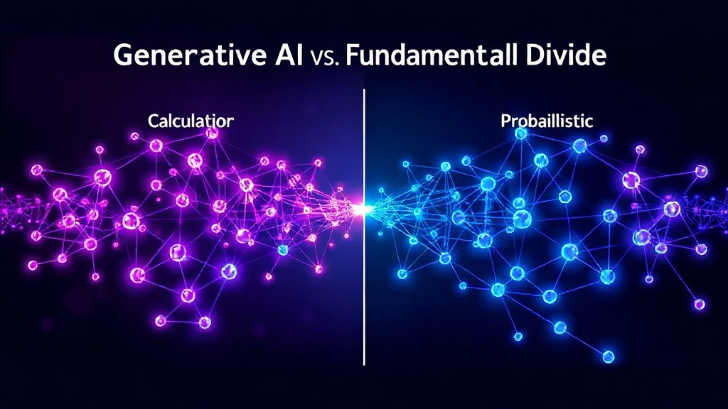 Diagram contrasting deterministic calculator logic with probabilistic generative AI neural network pathways