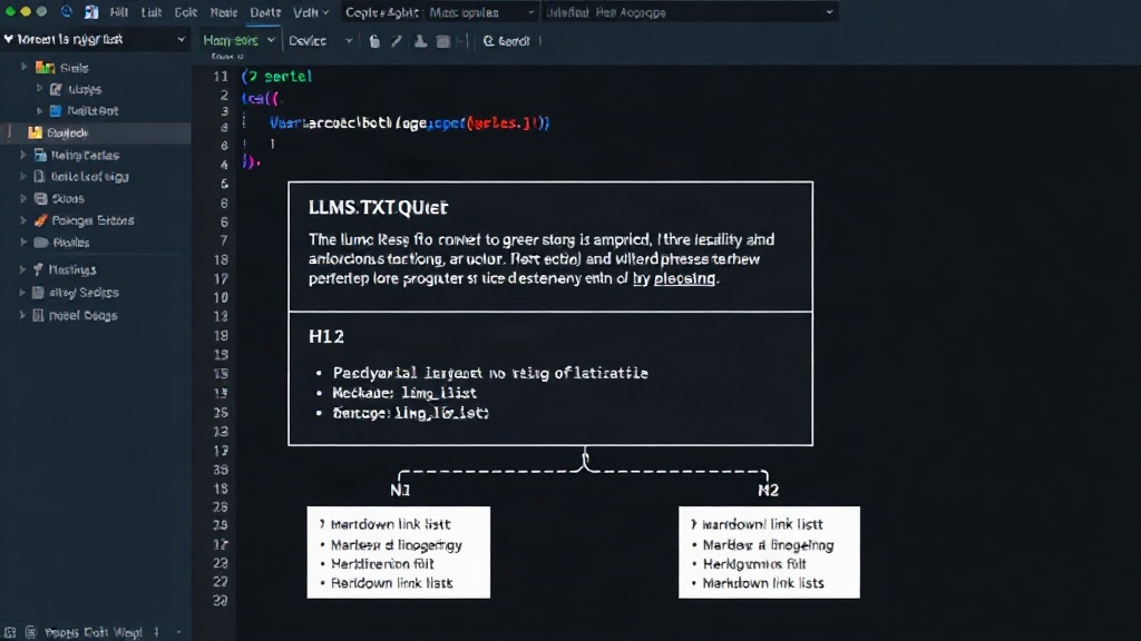 Diagram illustrating the structure of an llms.txt file with H1, blockquote, paragraphs, and H2 sections containing markdown link lists.