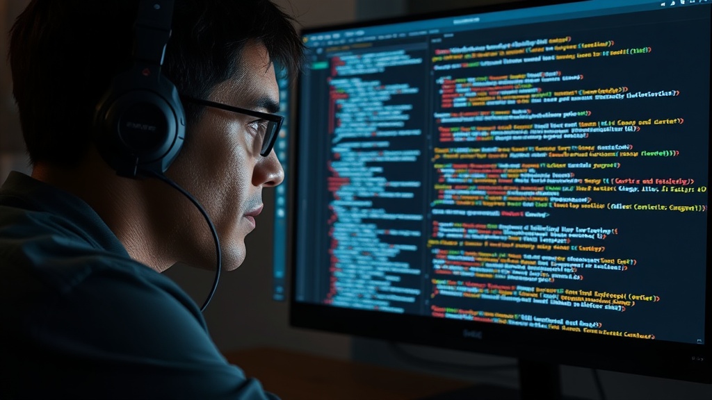 Developer staring intently at a screen displaying complex AI-generated code