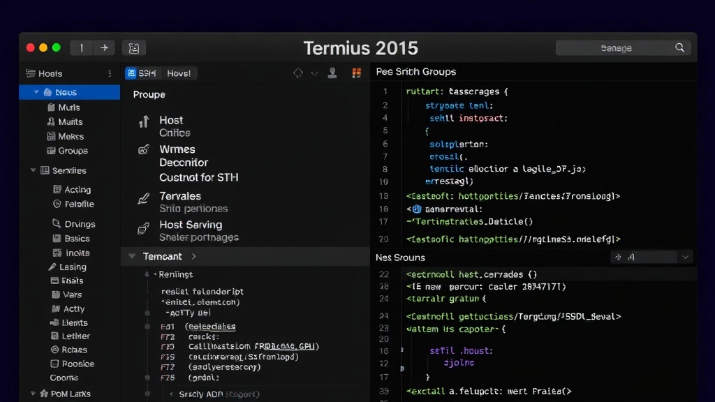 Termius application interface showing organized host groups and active SSH sessions