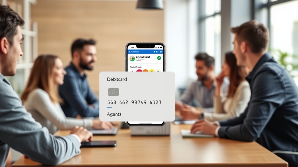 Mockup of a company-branded Agentcard debit card with a mobile app interface.