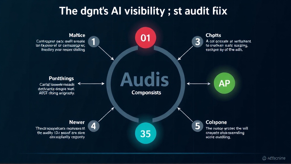 Diagram illustrating the six key components for auditing AI visibility scores.