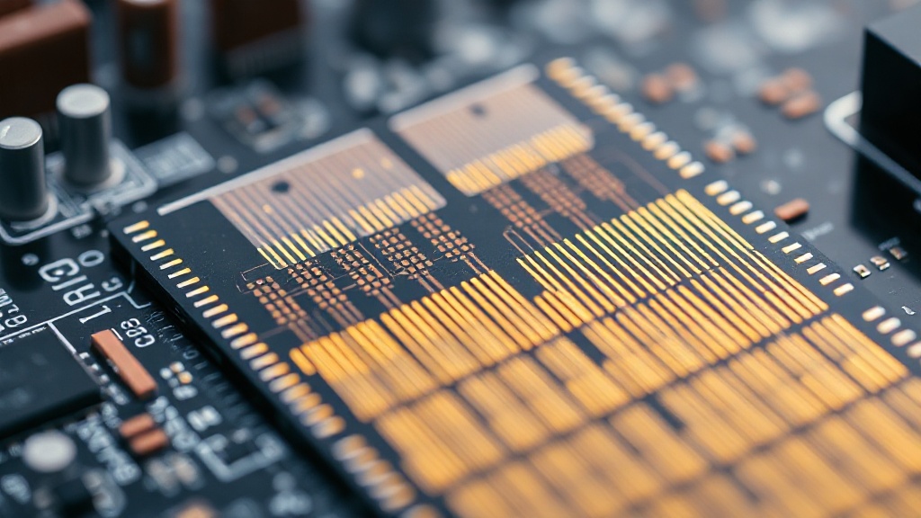 Close-up of a silicon photonics chip with intricate optical waveguides