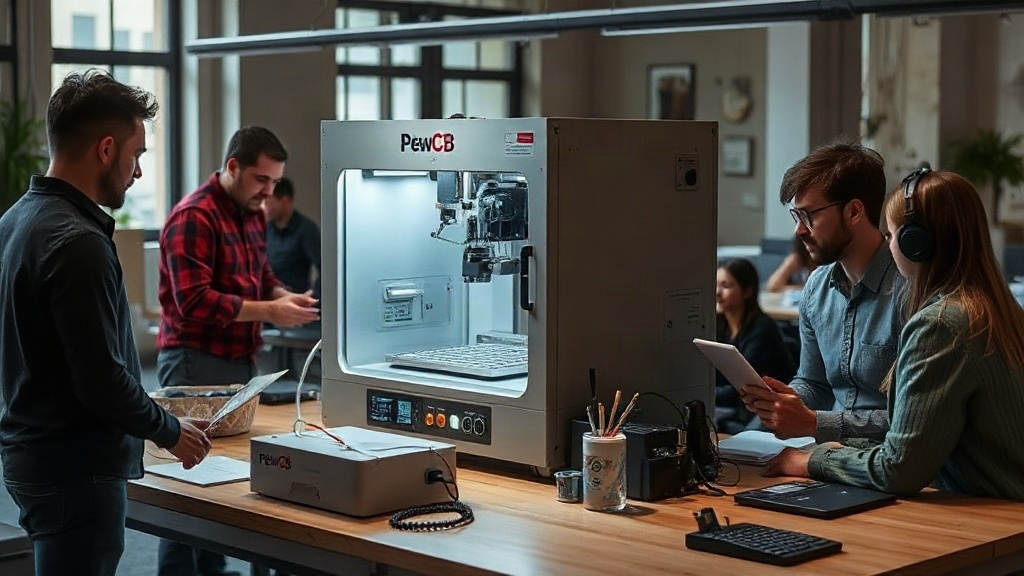 PewCB desktop machine performing PCB milling operations on a workbench
