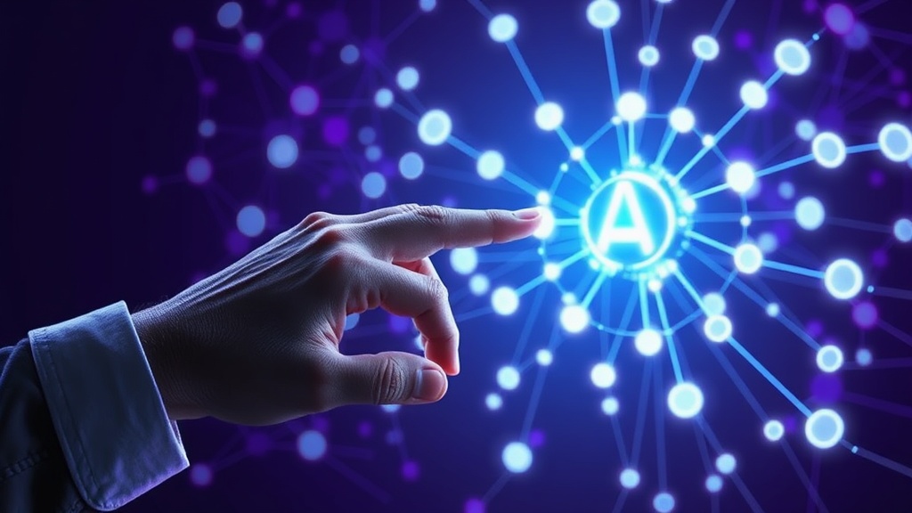 An illustration of a human hand interacting with a glowing digital interface representing AI