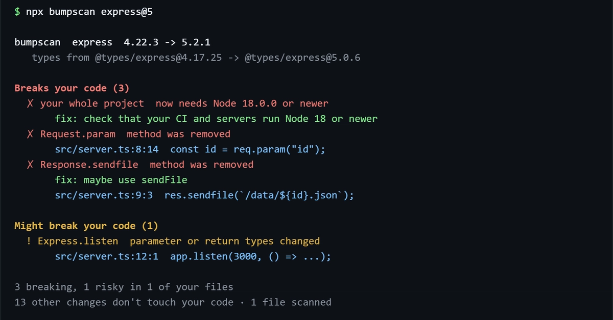 bumpscan CLI flags npm upgrade risks before they happen