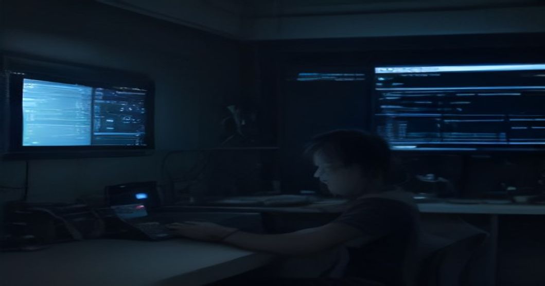 Developer working on a laptop, surrounded by various IDEs and terminals