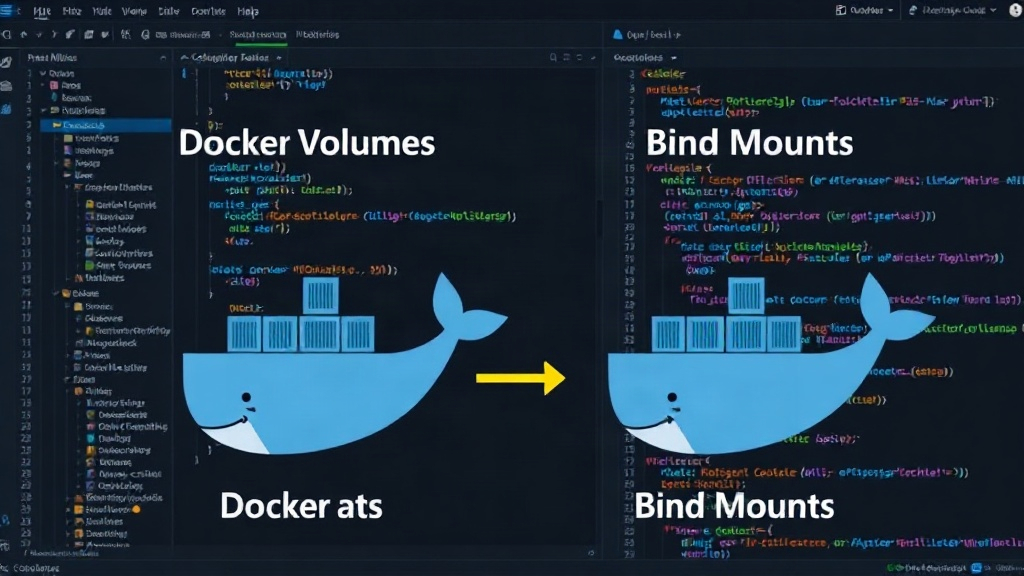 Diagram illustrating the architectural difference between Docker volumes and bind mounts.