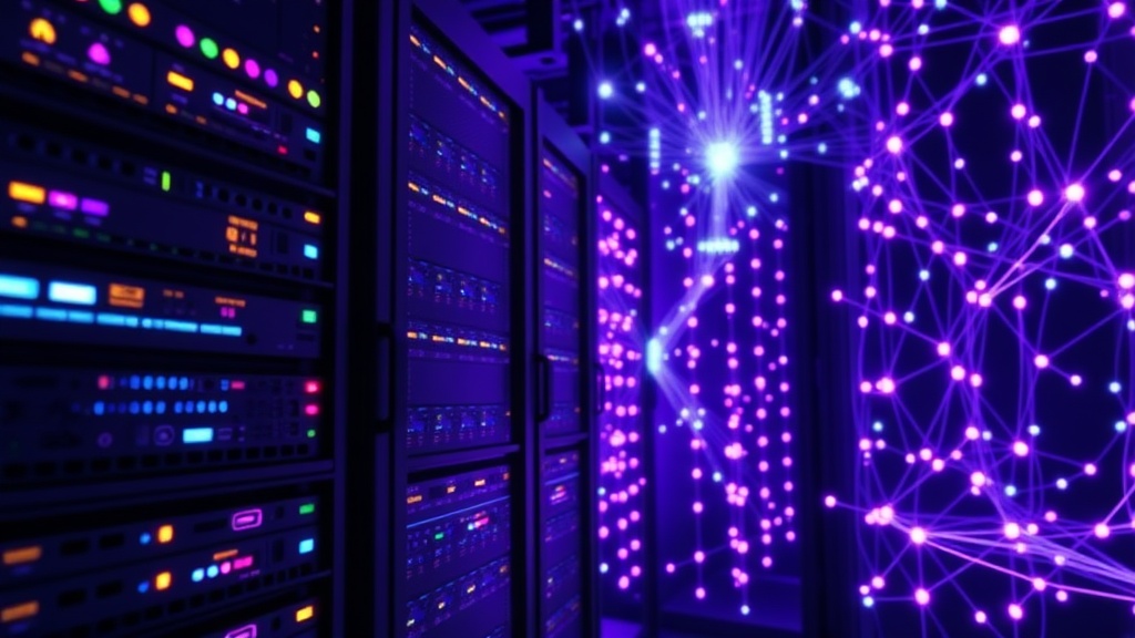 Server racks illustrating the substantial hardware requirements for large AI models