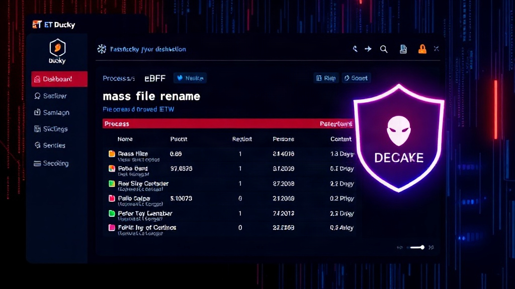 ET Ducky dashboard showing a 'mass-file-rename' alert with process and file count details.