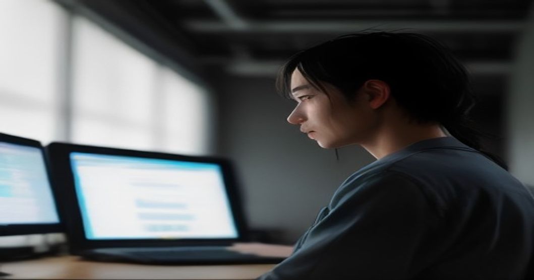 Developer looking thoughtfully at a computer screen displaying code and AI prompts