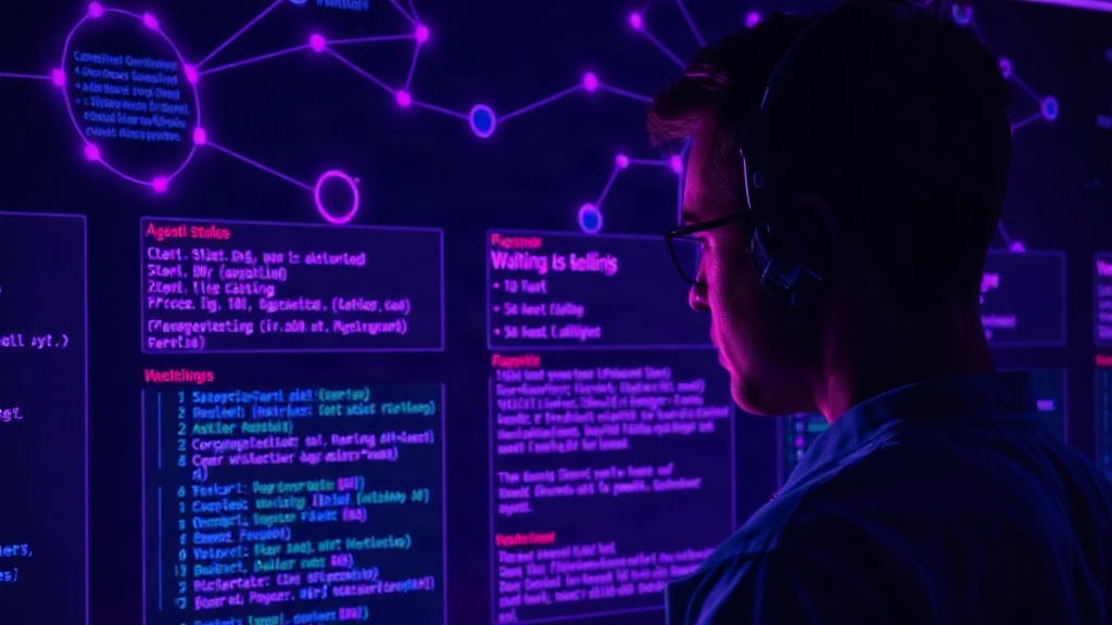 Developer examining terminal output showing AI agent status logs
