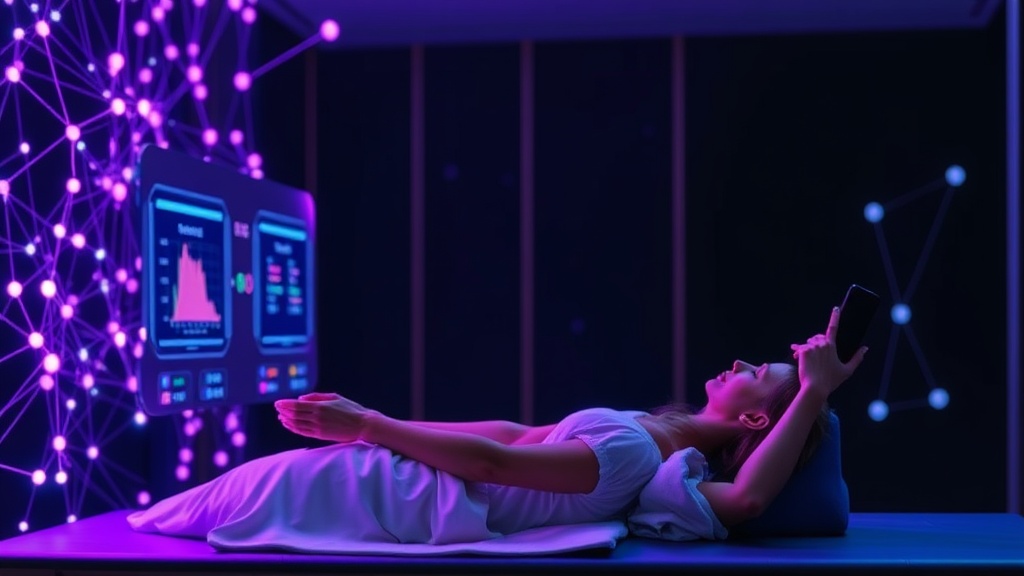 A patient performing physical therapy exercises with a digital interface displaying progress metrics