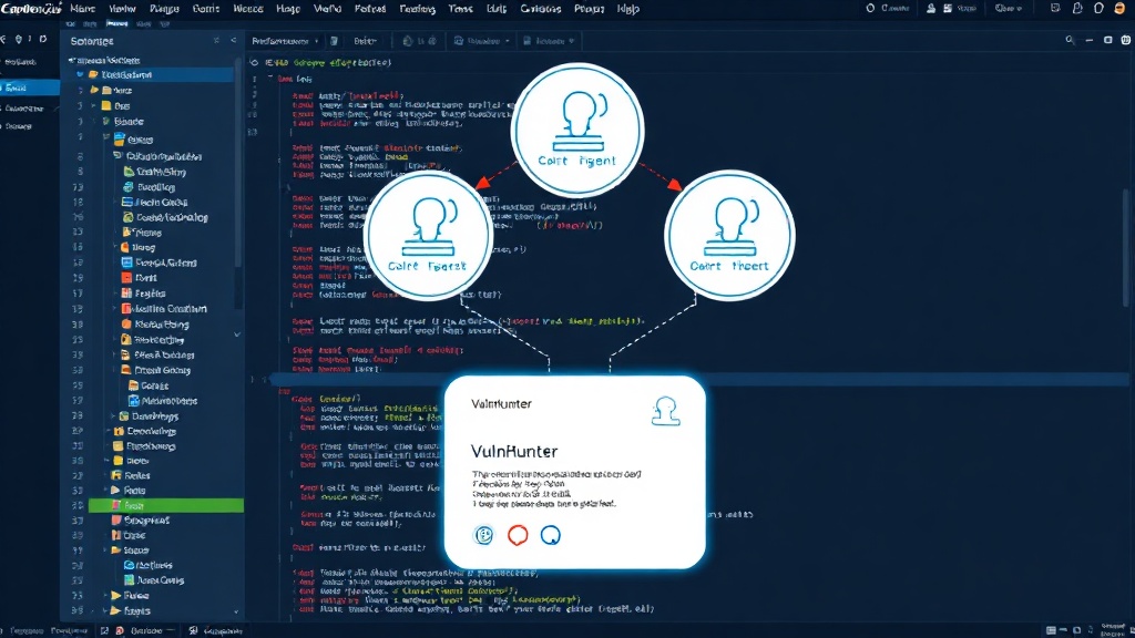 Conceptual diagram showing VulnHunter AI agents interacting with a code repository