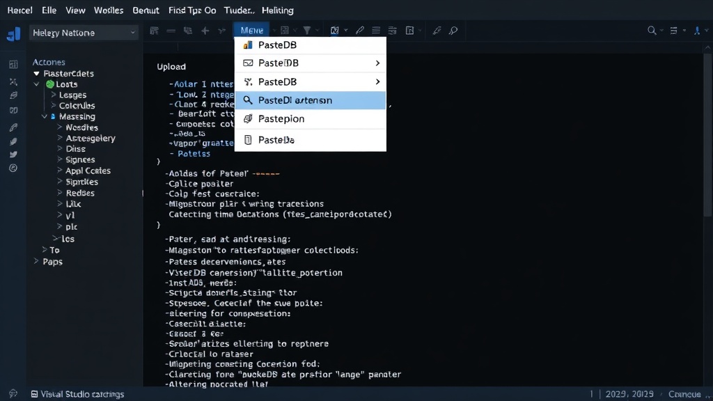 Visual Studio Code interface showing the PasteDB extension context menu for code upload