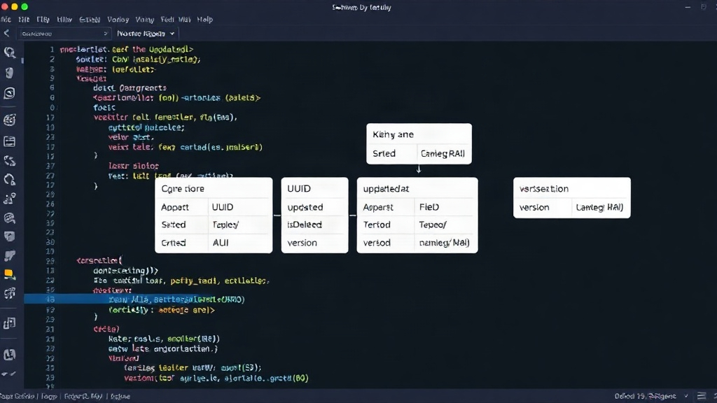 Schema diagram illustrating Nookly's core tables with sync-ready fields like UUID, updatedAt, isDeleted, and version.
