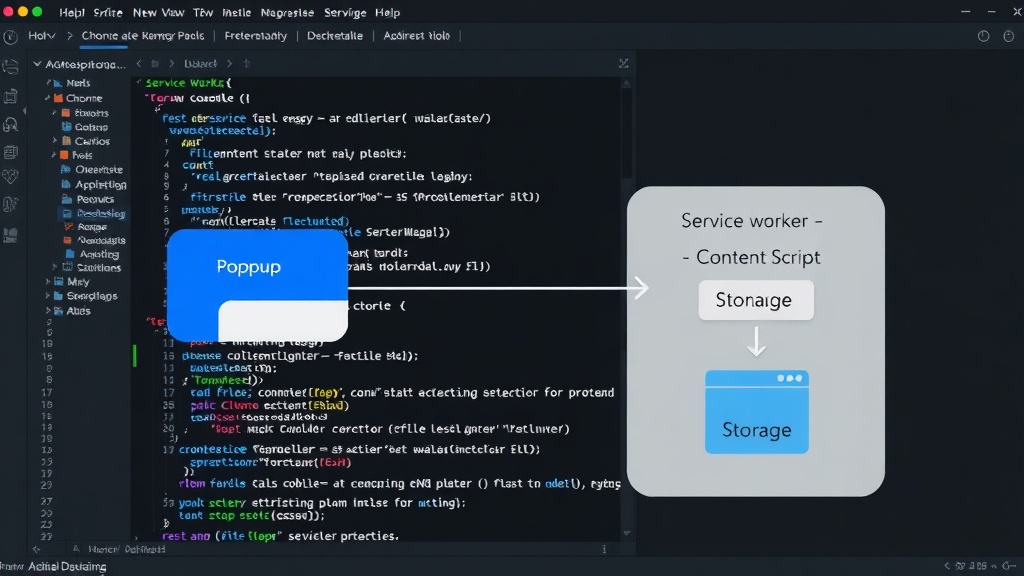 Diagram showing message flow: Popup -> Service Worker -> Content Script -> Service Worker -> Storage