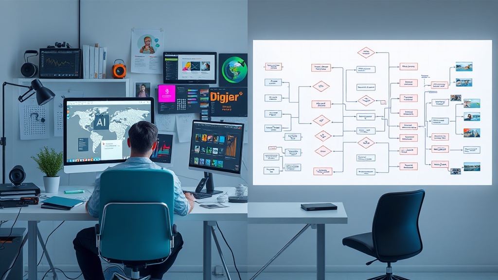 A split image showing a designer collaborating with AI tools on one side and a complex user flow diagram on the other.