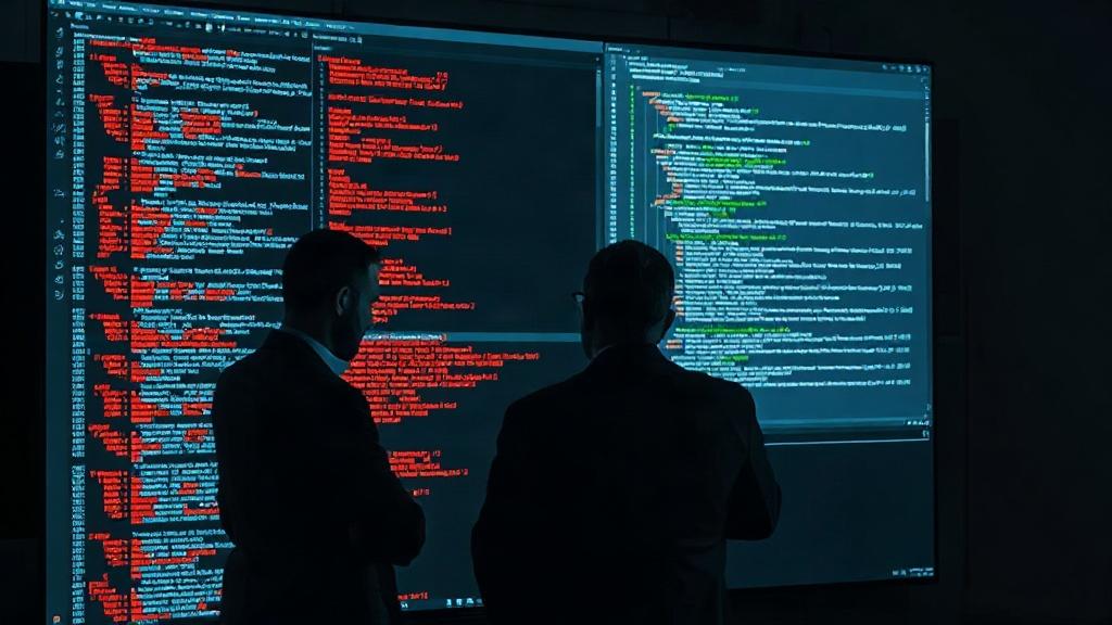 Incident response team analyzing system failure logs on a large display screen