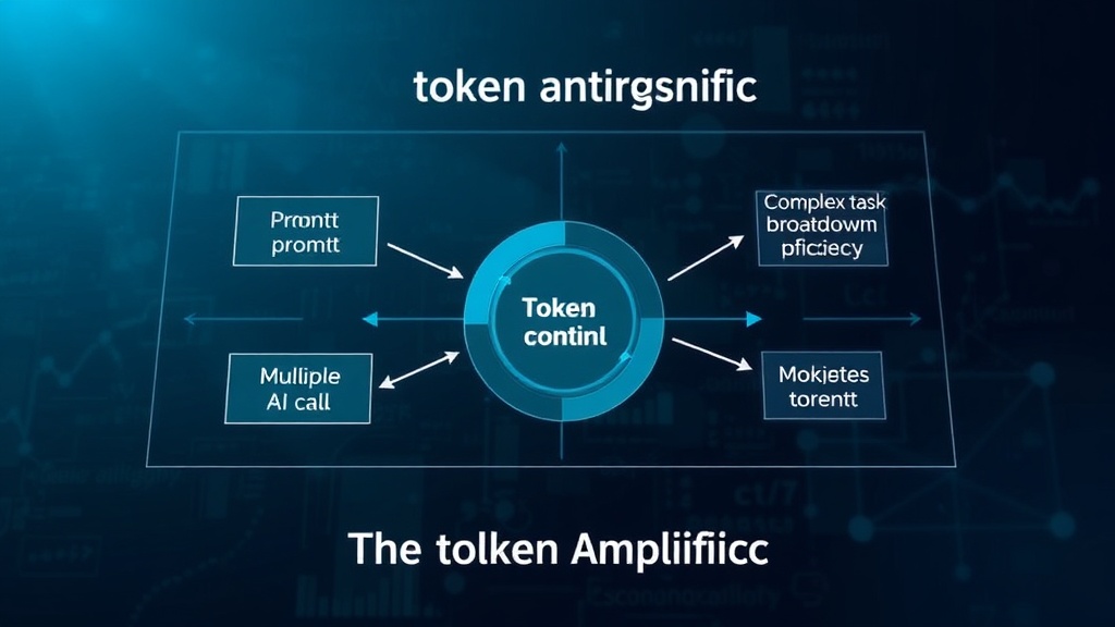 Diagram illustrating token amplification: prompt -> complex task breakdown -> multiple AI calls -> increased token count