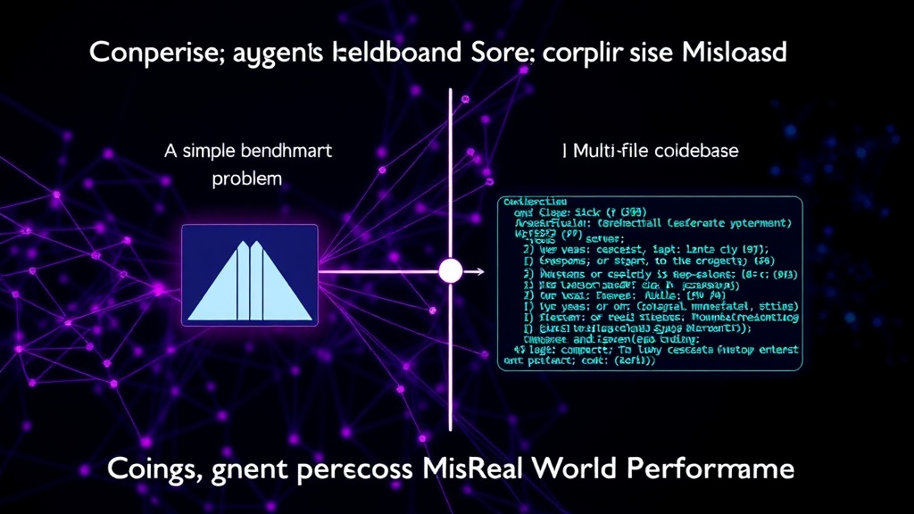 Diagram comparing a simple coding benchmark problem to a complex, multi-file codebase