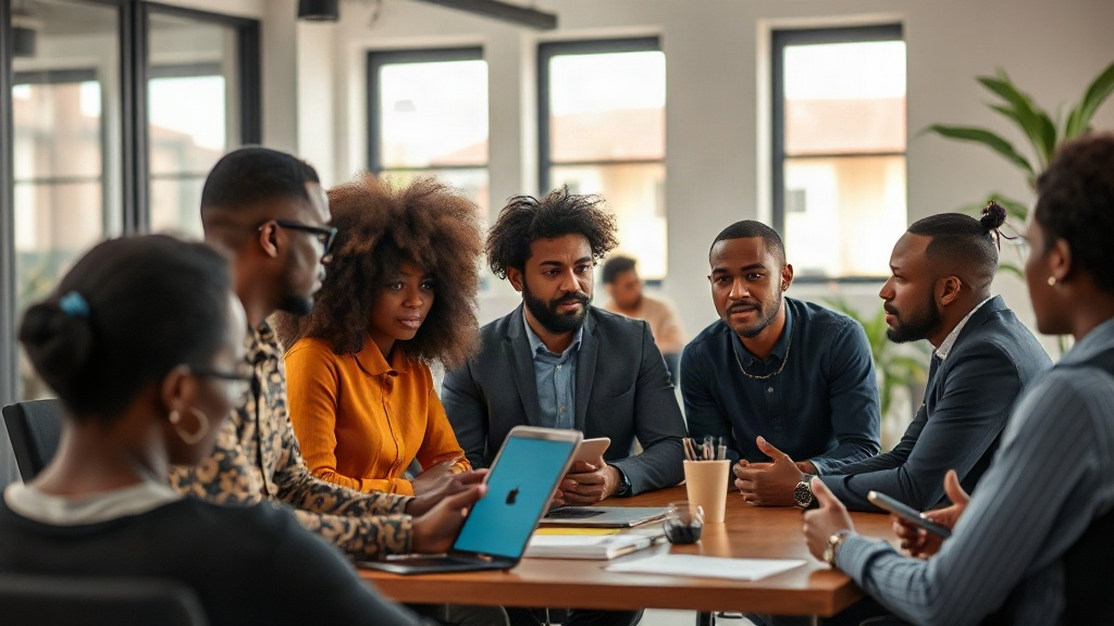 African startup founders collaborating during a pitch session, seeking early-stage funding.