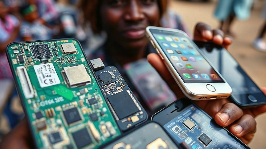 A street vendor in Lagos, Nigeria, displays a range of feature phones and low-cost smartphones.