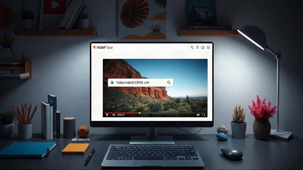 Mockup showing the VideoFlow Studio interface with a URL input field and a generated video trailer preview.