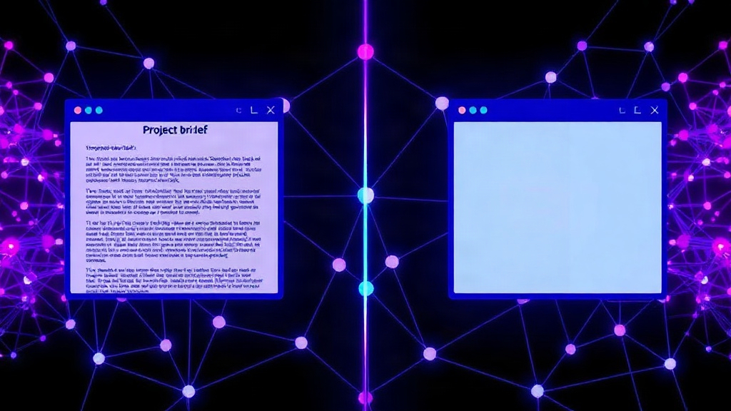A split screen showing a complex project brief on one side and a simple text input box on the other