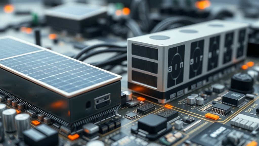 Conceptual illustration of a solar-powered AI data center with large battery storage units