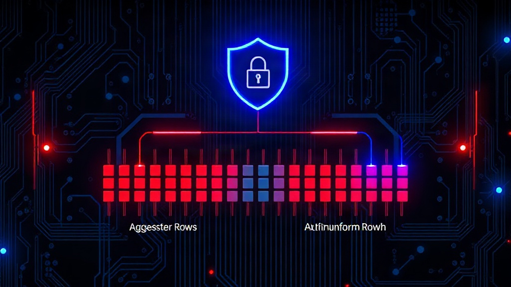 Diagram illustrating the concept of Rowhammer, showing aggressor rows and victim rows in memory.