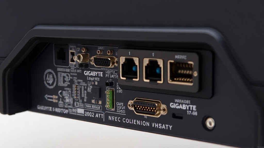 Close-up view of the Gigabyte FO27QE monitor's rear ports and KVM switch functionality.