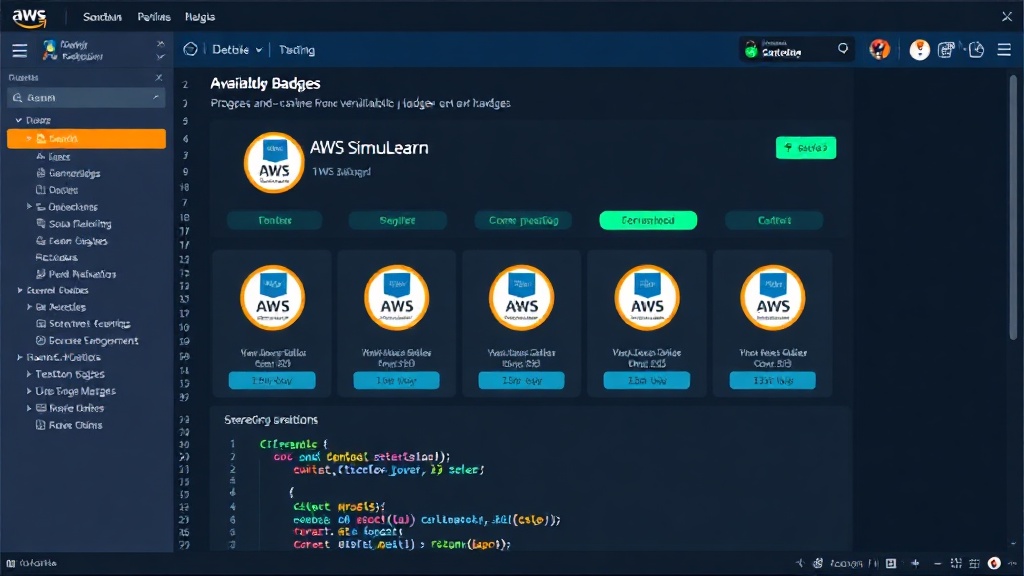 AWS SimuLearn dashboard showing available badges and progress tracking