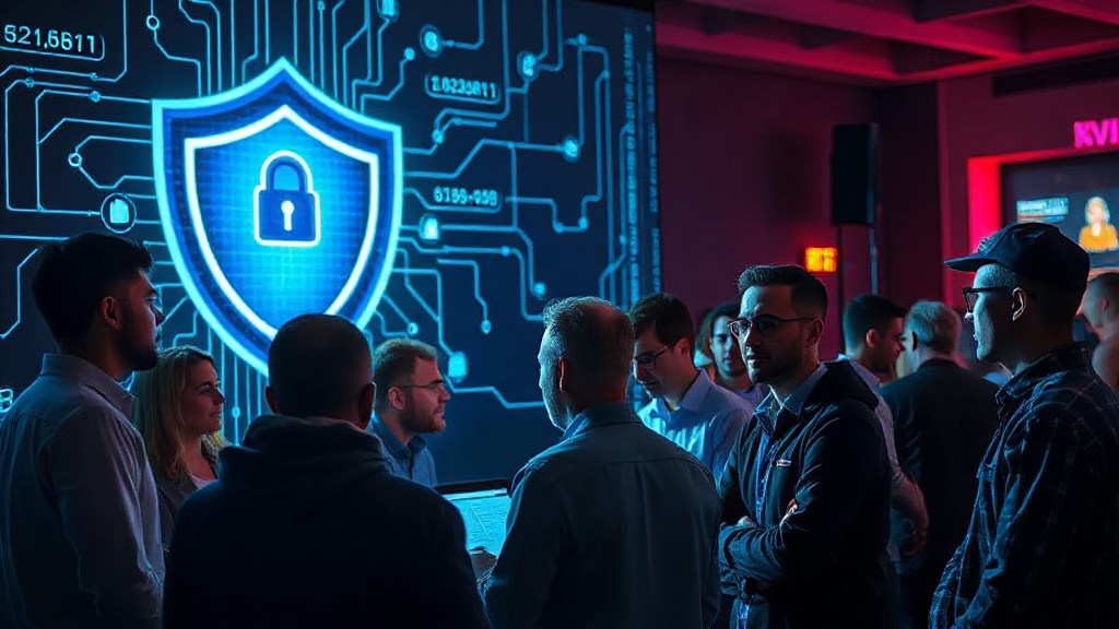 A diverse group of cybersecurity professionals collaborating at a modern tech conference.