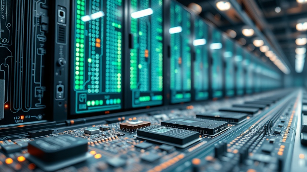 Rendering of a futuristic, large-scale AI data center facility