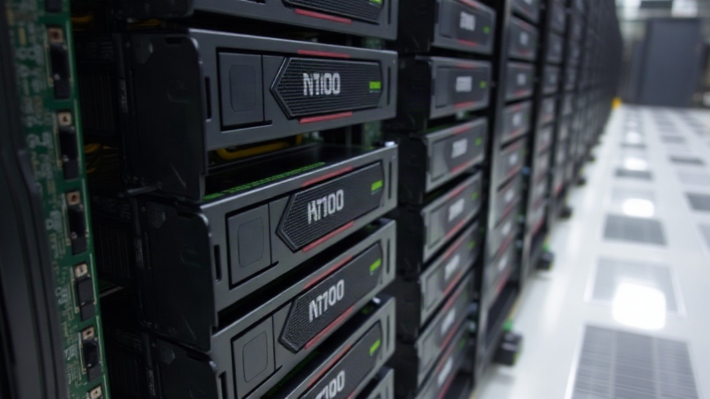 Nvidia H100 GPUs stacked in a data center rack for AI training