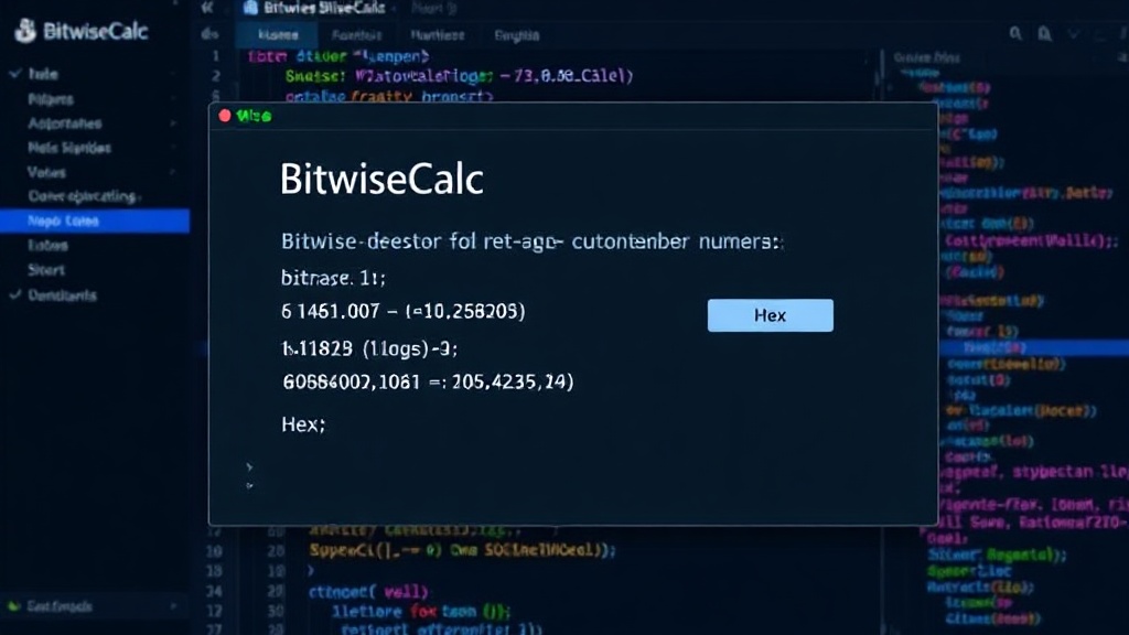 BitwiseCalc interface showing bitwise operations on binary, decimal, and hex numbers.